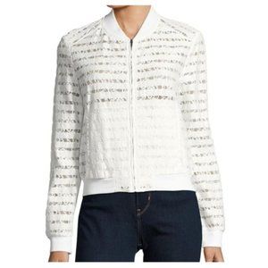 BCBGMAXAZRIA White Kasen Lace-Panel Bomber Jacket